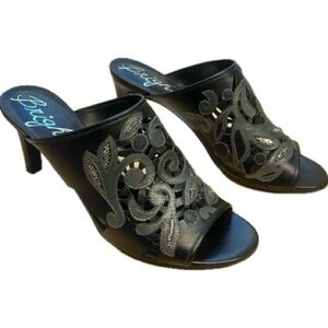 Brighton Revue Catch The Moon Black Leather Beaded Slip-On High Heel Sandals